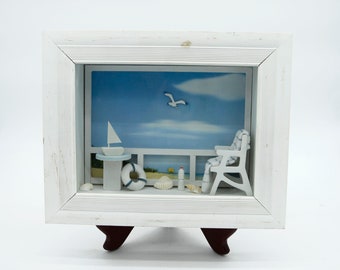 Framed Beach Shadow Box | Coastal Beachy Home Decor | Adirondack Chair | Sea Shells | Nautical Wall Decor | Beach Lover