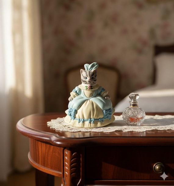 Kitty Cucumber Bell Figurine, Cinderella Cat in Ball Gown, Vintage