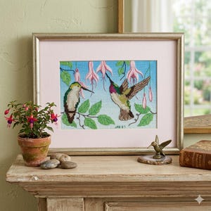 Vintage Hummingbird Cross Stitch, 1987 Signed Ruby Throated Birds, Framed Needlework, Cottagecore Garden Wall Art, Nature Lover Gift