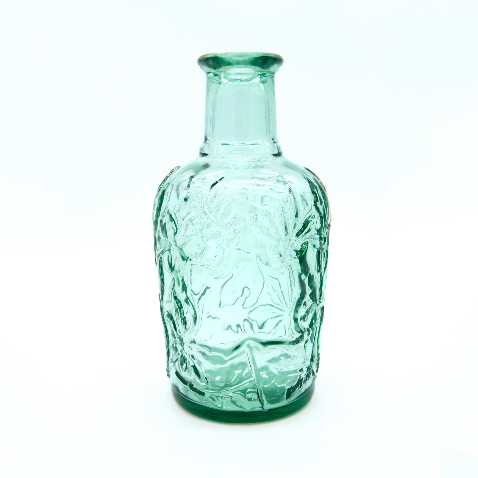 Vintage 1970s Green Glass Maple Syrup Bottle With Raised Leaf Pattern