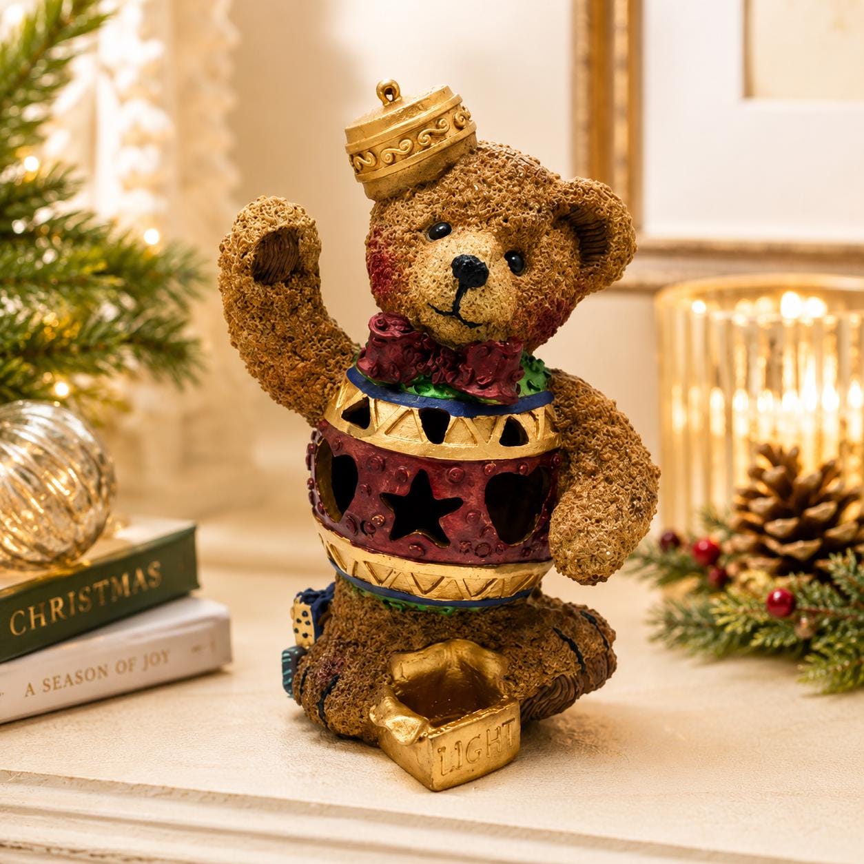 Light up Teddy Bear Christmas Ornament Figurine, Vintage Style