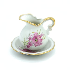 Royal Crown Pink Floral Pitcher & Bowl Set, Japan Miniature Vanity Decor, Gold Trim Scalloped Edge, Vintage Shabby Chic Dresser Display MCM