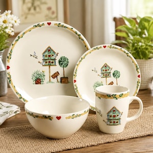 May include: A cream-colored ceramic dish set featuring a birdhouse design with red hearts and green foliage. The set includes a large plate, a smaller plate, a bowl, and a mug. The birdhouse has a green roof and is surrounded by trees and flowers.