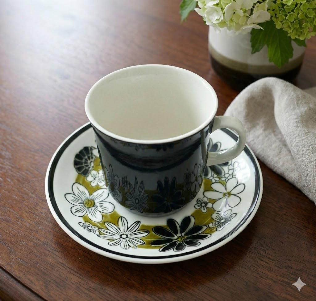 Mikasa Leilani Flat Cup and Saucer Set, Black and White Floral Tea