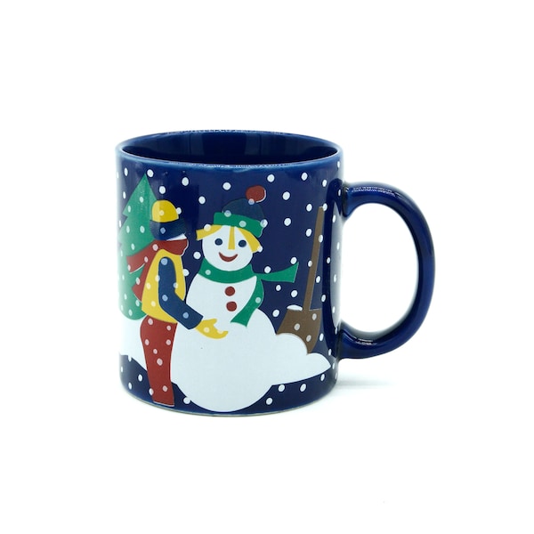 Vintage Lillian Vernon Christmas Coffee Mug Snowy Day Cobalt Blue | Large Tea Hot Cocoa Cup | Christmas Mug Gift Ideas | Seasonal Home Decor