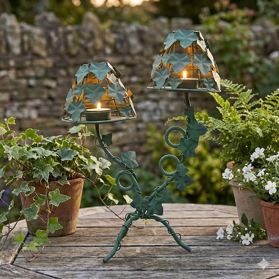 Ivy Twin Tealight Candle Holder, Metal Vine Candle Stand, Green