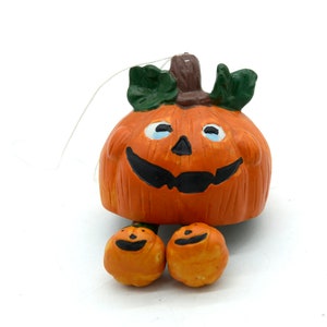 Vintage Halloween Pumpkin Bell, Ceramic Jack O’Lantern Figurine Ornament, 80s Retro Fall Holiday Decor, Whimsical Folk Autumn Display