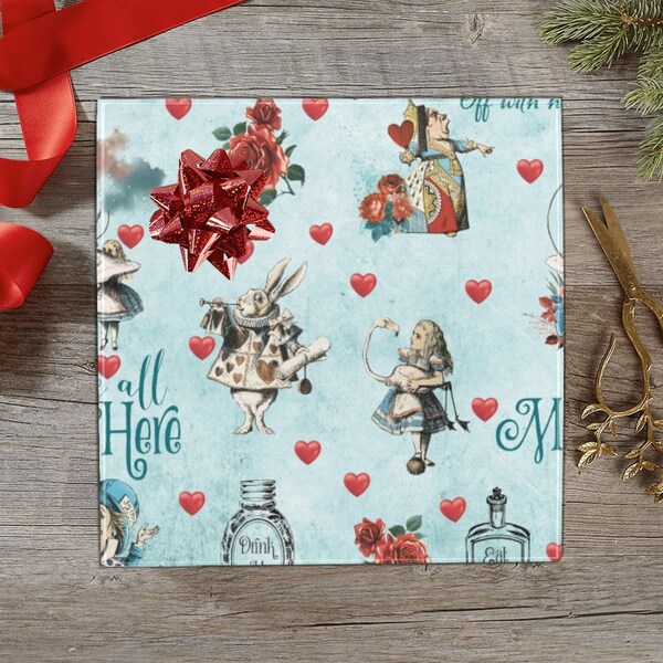 Alice in Wonderland Print Wrapping Paper Soft Turquoise Blue, Queen of Hearts Gift Wrap, Mad Hatter, White Rabbit, Whimsical Literary