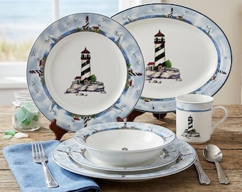 Vintage Coastal Lighthouse Dinnerware by Totally Today, Nautical Replacement Plates, Bowls, Mugs, Serving Platter, Beach House Dishes