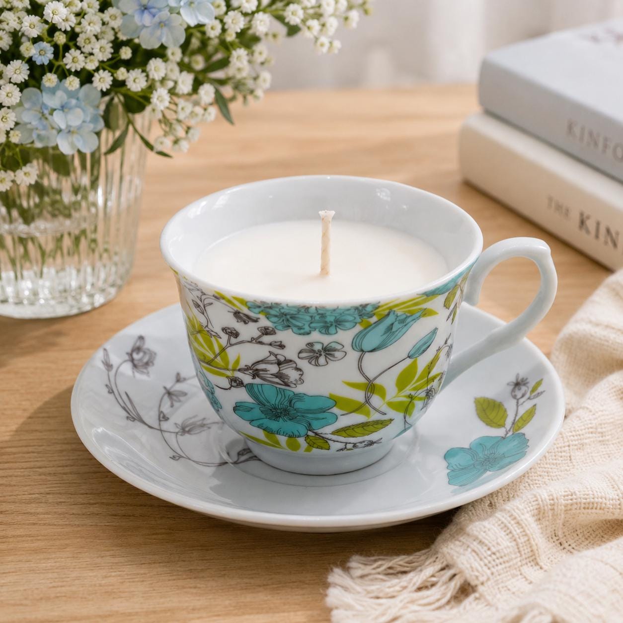 Cottagecore Teacup Candle, Blue Floral Decor, Tea Lover Gift