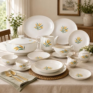 Puede incluir: Juego de vajilla completo de porcelana blanca con borde dorado y diseño de espiga de trigo. El juego incluye fuentes, cuencos, tazas, una tetera y una azucarera. La mesa está puesta sobre un mantel beige.