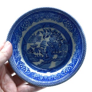 May include: A small, round blue and white ceramic bowl with a detailed Willow pattern design. The bowl features a central scene with a bridge, trees, and birds, surrounded by a decorative border. The bowl is held in a hand.