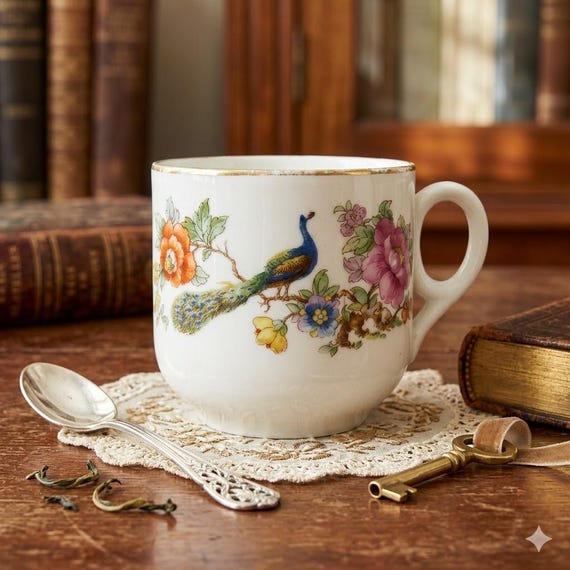 Peacock Coffee Mug, Vintage Bavaria Floral Cup, Gold Rim Porcelain Mug,  Cottagecore Tea Decor, Garden Gift for Her Demitasse Ring Handle