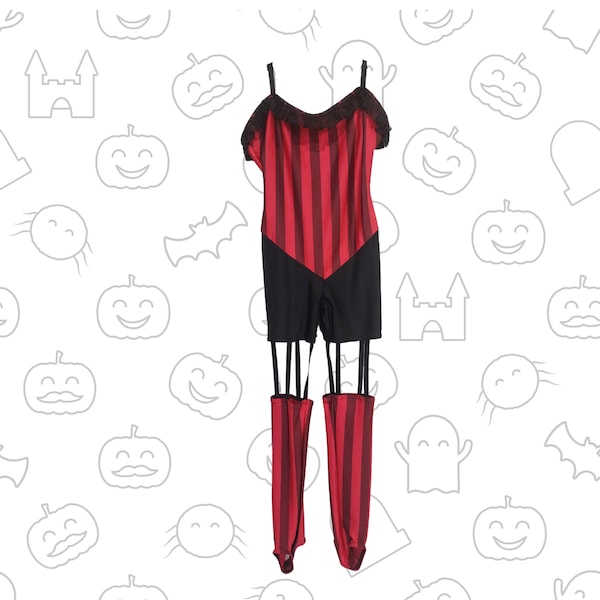 Red/Black Hotpant Suspender Catsuit Fancy Dress Costume