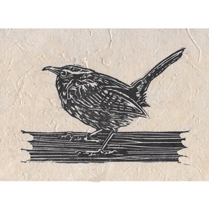 Linocut print of wren