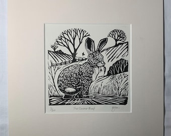 linocut of rabbit