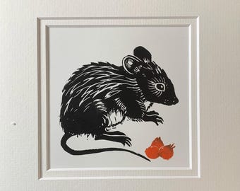 Limited Edition Mouse Linocut Print, Red Berries