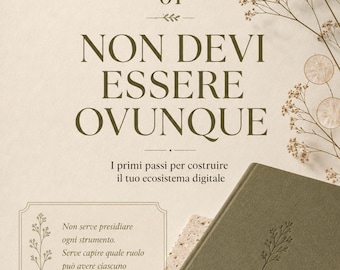 May include: A sage green notebook with a small plant icon and the text FONDAMENTA 01 embossed on the cover. The notebook rests on a textured stone surface next to dried flowers. The background features the text MelCorium LAB, COLLEZIONE FONDAMENTA 01, NON DEVI ESSERE OVUNQUE, and additional Italian text.
