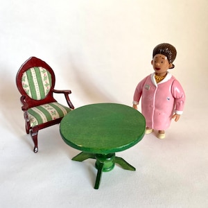 Vintage Set of 3 pieces Dolls House 1:12 Scale Wooden Furniture of table and chair, women figure
