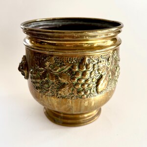 May include: A round brass planter featuring a raised relief design of grape clusters and leaves around the exterior. The metal has a polished gold-toned finish with dark patina accents in the recessed areas and a small lion head side handle.