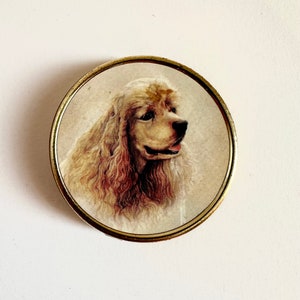 May include: A round trinket box with a gold rim and a picture of a brown and white cocker spaniel dog on the lid.