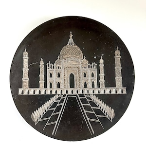 Vintage India Taj Mahal Hand Chased Black To Silver Metal Plate, 8”