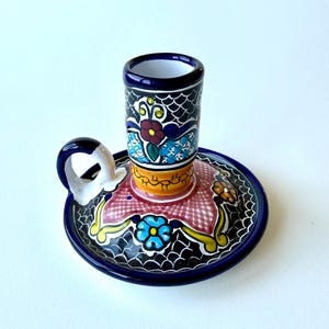 Vintage Finger Loop Kerzenhalter Handbemalte Volkskunst Keramik
