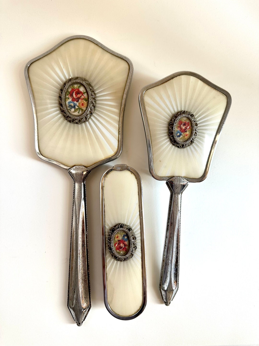 Vintage Dressing Table Vanity Set. Embroidered Back. Silver. Etsy