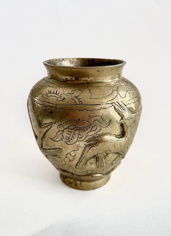 Antique Chinese 卍宝堂加 Engraved Bronze Brass Small Vase Planter Plant Pot