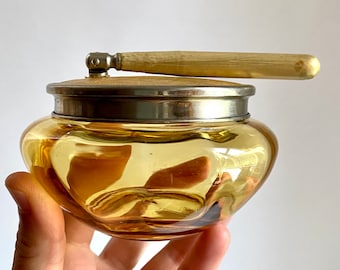 Vintage 1930s to 1940s Dresser Jar With Golden Lid Amber Glass Vanity Dresser/Bureau