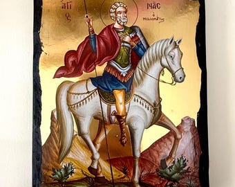 Icono de San Menas - Arte bizantino - Estampa religiosa católica ortodoxa en placa de madera hecha a mano