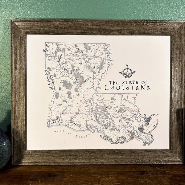 Louisiana Map, Tolkien inspired, Hand-drawn, Giclee print
