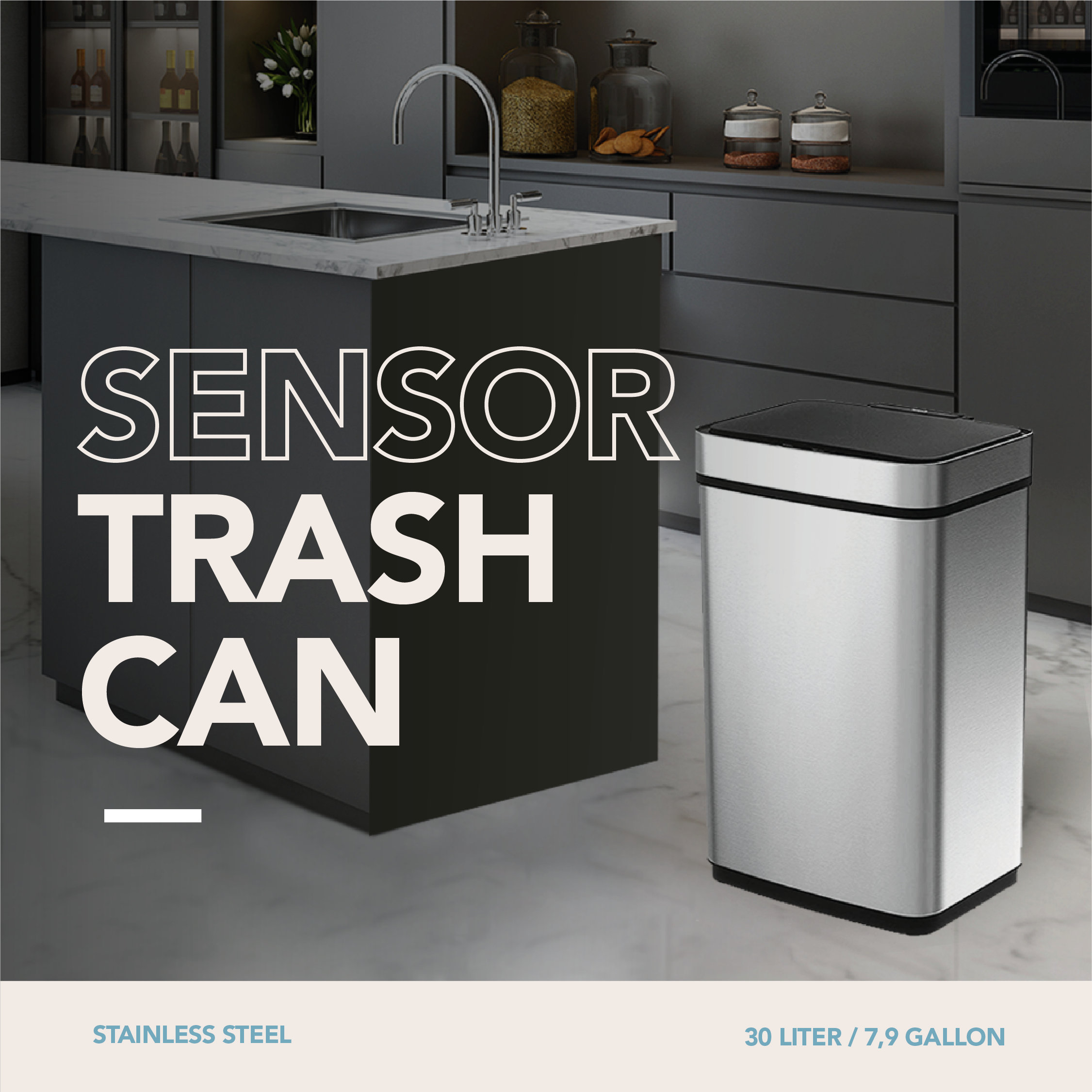Stainless Steel Trash Can With Sensor 30 Liters/ 7.9 Gallon 