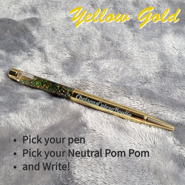 Yellow Gold Pen | Rainbow Liquid glitter | Neutral Color Fuzzy Faux Fur Pom Pom