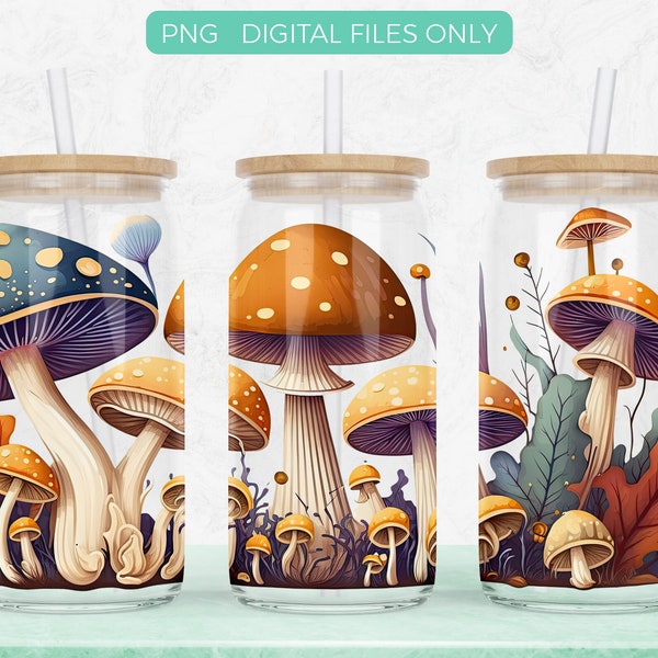 16oz Libbey Glass Can Tumbler Mushrooms Png Diseño de sublimación Descarga digital