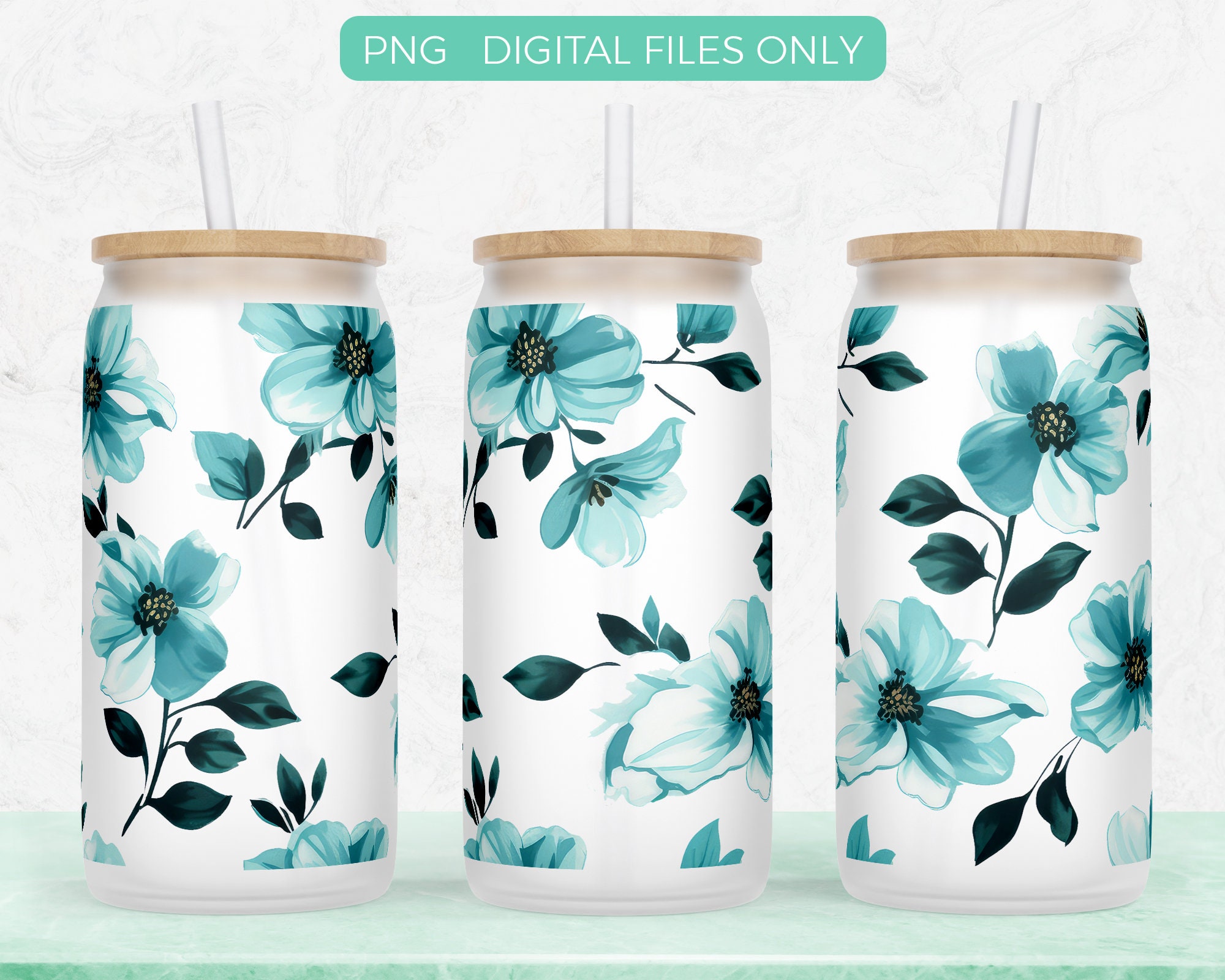 Teal Flowers 16oz Libbey Glass Can Png Sublimation Design Digital ...