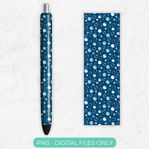 May include: A blue pen with a white and blue bubble pattern. The pen is shown next to a blue and white bubble pattern.