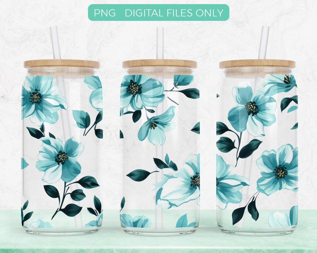 Teal Flowers 16oz Libbey Glass Can Png Sublimation Design Digital ...