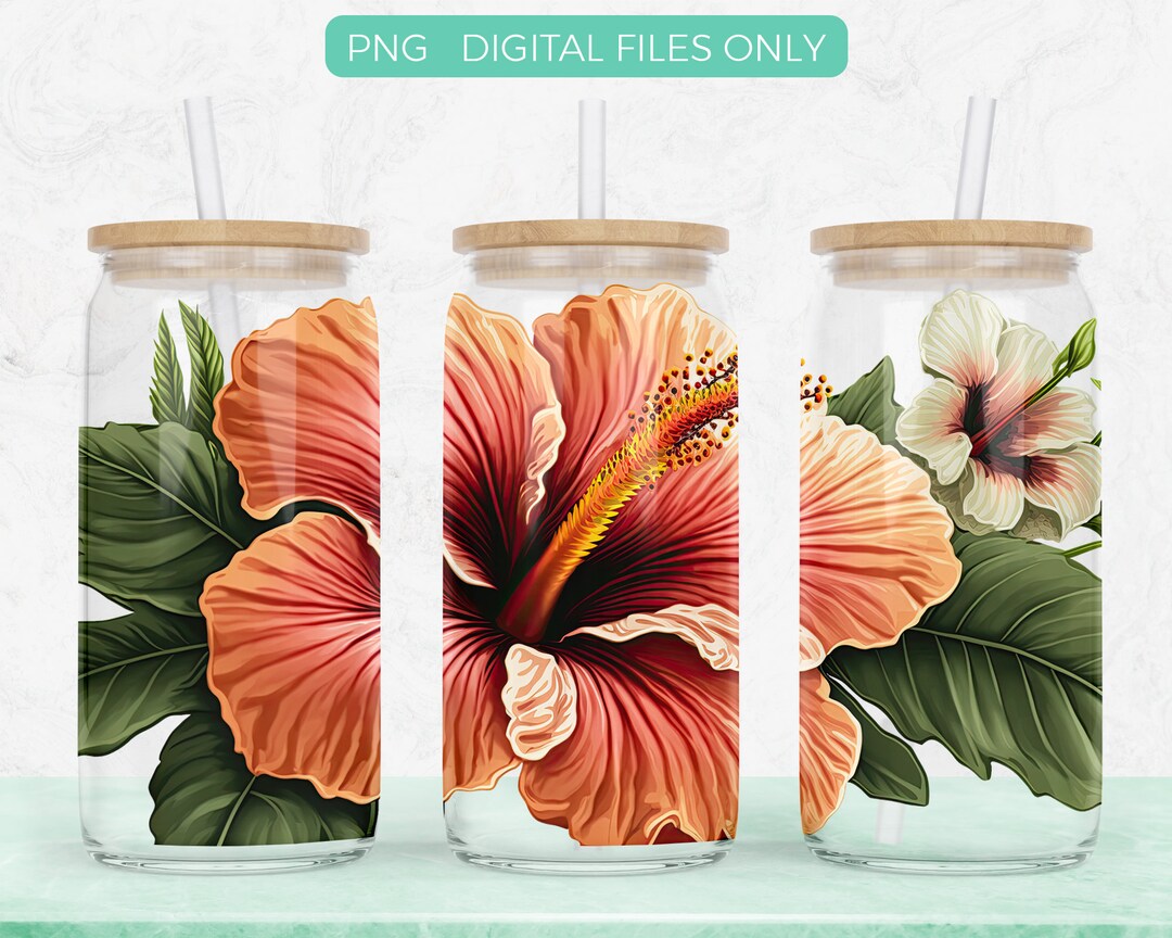 16oz Libbey Glass Can Hibiscus Flower Png Sublimation Design Digital ...