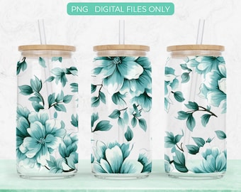 Teal Flowers 16oz Libbey Glass Can Png Sublimation Design Digital Download