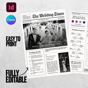Könnte beinhalten: Eine schwarz-weiß Hochzeitszeitungsvorlage mit dem Titel "The Wedding Times" mit den Namen "Linda & James". Das Design umfasst Hochzeitsdetails, ein Programm und ein Wortsuchrätsel. Die Wörter "Easy to Print" und "Fully Editable" sind ebenfalls sichtbar.