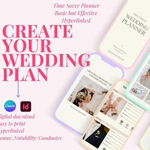 May include: A digital wedding planner displayed on several smartphones. The text "CREATE YOUR WEDDING PLAN" is in pink, with additional text indicating it's a time-saving, hyperlinked planner. The planner includes sections for planning and mood boards.