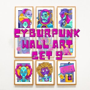 Arte de parede cyberpunk, pôsteres de ficção científica neon, futuristas, download instantâneo, decoração de interiores contemporânea, conjunto de 9 impressões para download