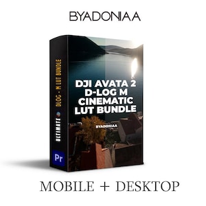 May include: A black box with the text "DJI AVATA 2 D-LOG M CINEMATIC LUT BUNDLE" and "MOBILE + DESKTOP". The box has a landscape image of a lake and mountains. The brand name "BYADONIAA" is displayed at the top and on the box.