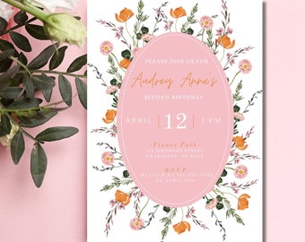 Pink and Orange Wildflower Birthday Invitation | Girl's Spring Floral and Clover Birthday Invite (Digital File)