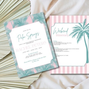 Pink and Green Palm Tree Bachelorette Invitation, Retro Palm Springs Theme, Vintage Tropical Bachelorette Invite (Digital)