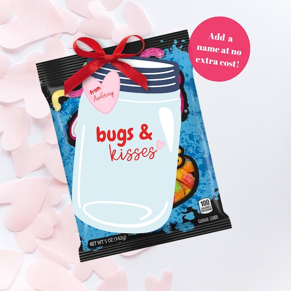 Blue, Navy, Pink and Red Personalized "Bugs and Kisses" Mason Jar Valentine Card and Tag