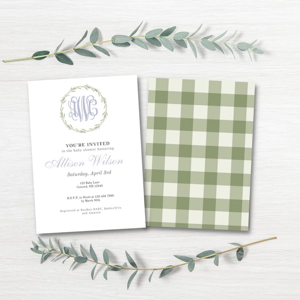 Blue Monogram Laurel Green Gingham Baby Shower Invitation | Greenery Boy Initial Invite (Digital File)