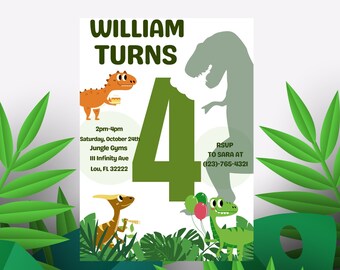 Fourth Birthday, Dinosaur Birthday Invitation, Dinosaur Birthday Invite, Dinosaur Party, EDITABLE, INSTANT DOWNLOAD,digital