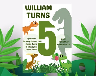 Fifth Birthday, Dinosaur Birthday Invitation, Dinosaur Birthday Invite, Dinosaur Party, EDITABLE, INSTANT DOWNLOAD,digital